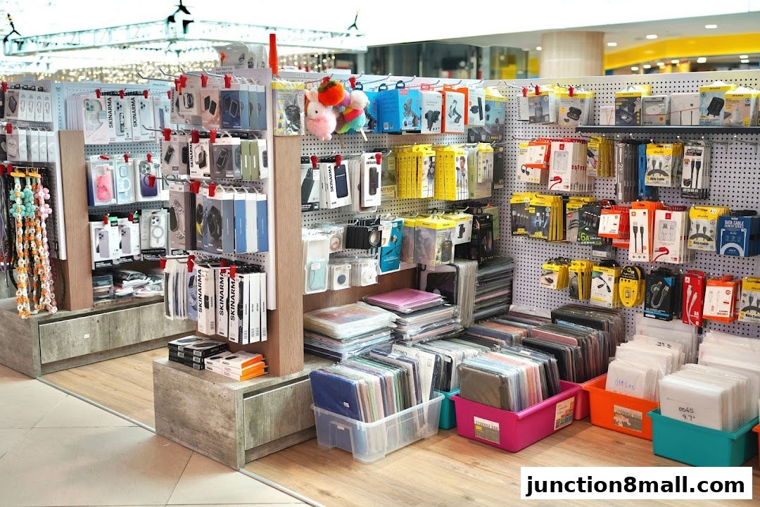 A retail display showcasing a wide variety of mobile phone accessories and repair services.
