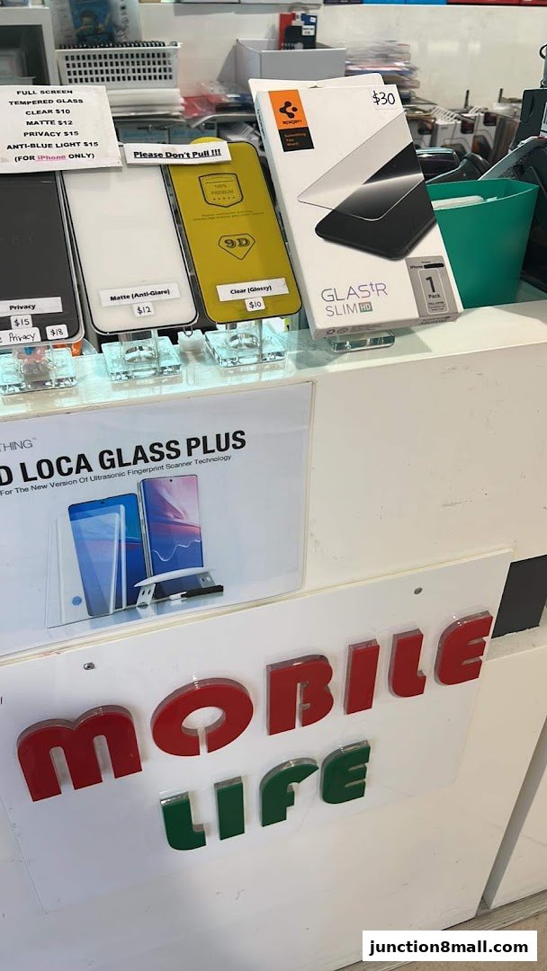 A display of phone screen protectors and accessories at Mobile Life.