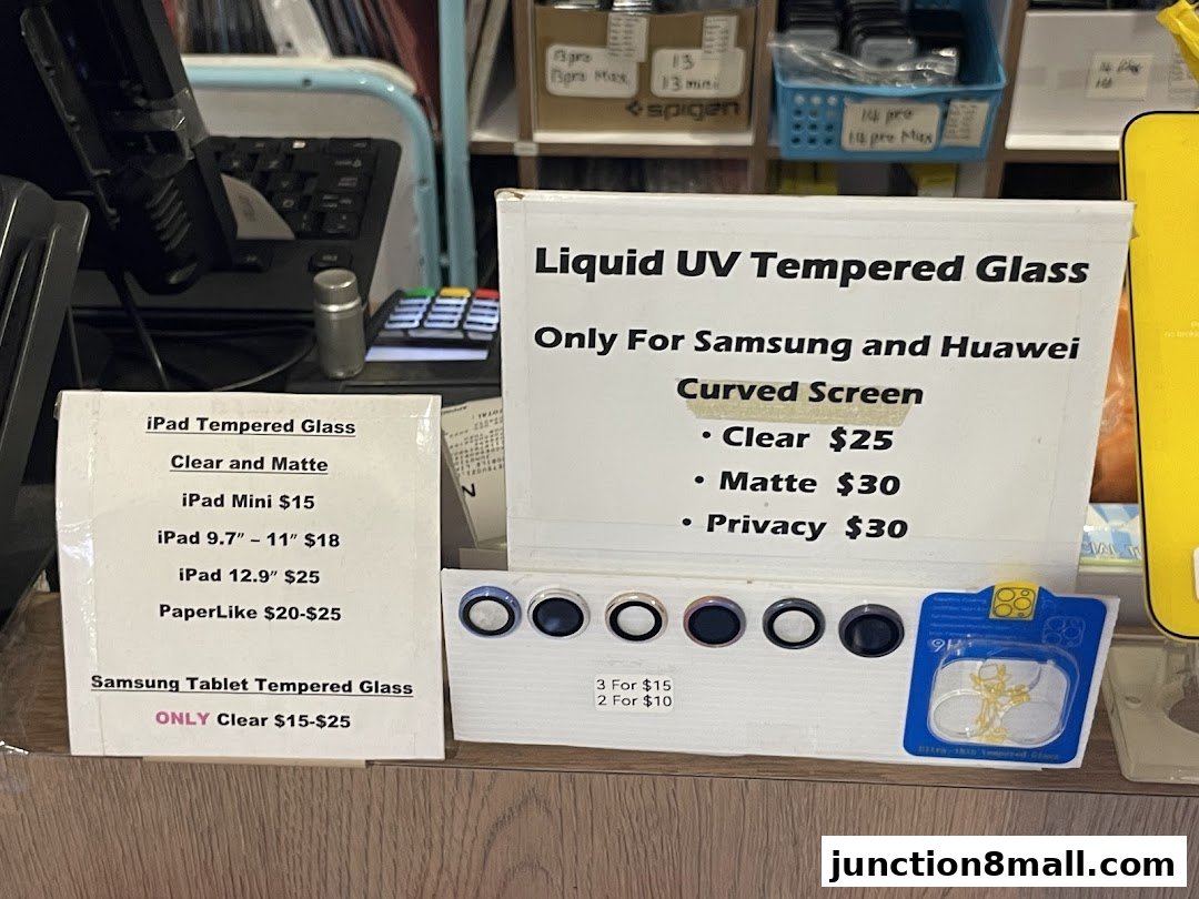 Price list for iPad and Samsung tempered glass screen protectors.