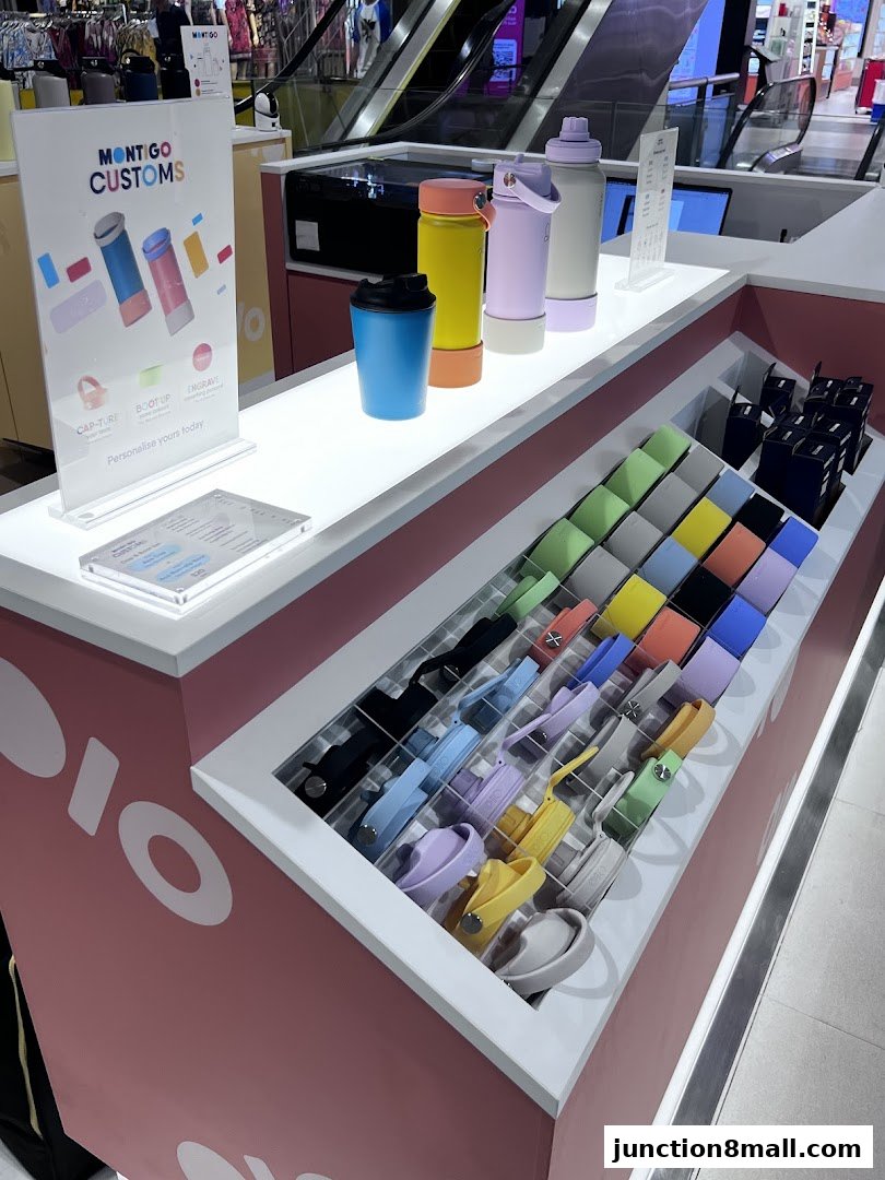 A display of colorful Montigo water bottles and accessories, showcasing customization options.