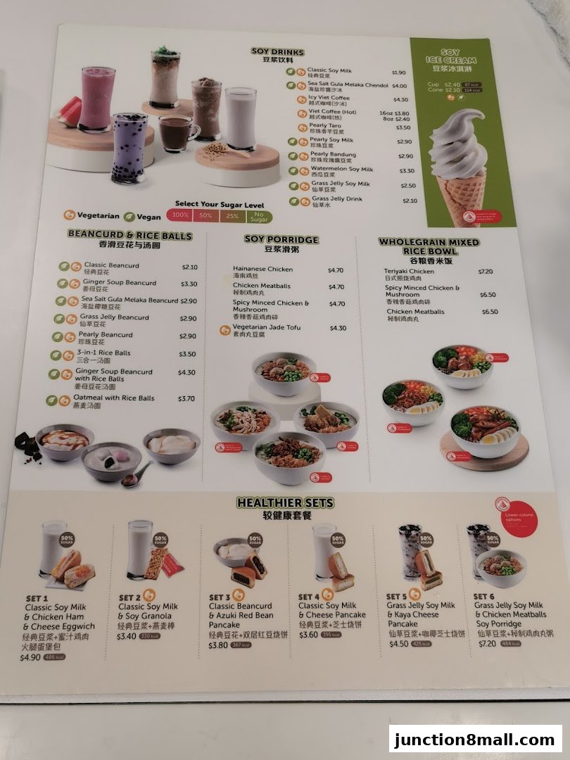 A menu from Mr Bean featuring soy drinks, beancurd, rice balls, porridge, rice bowls, and healthier sets.