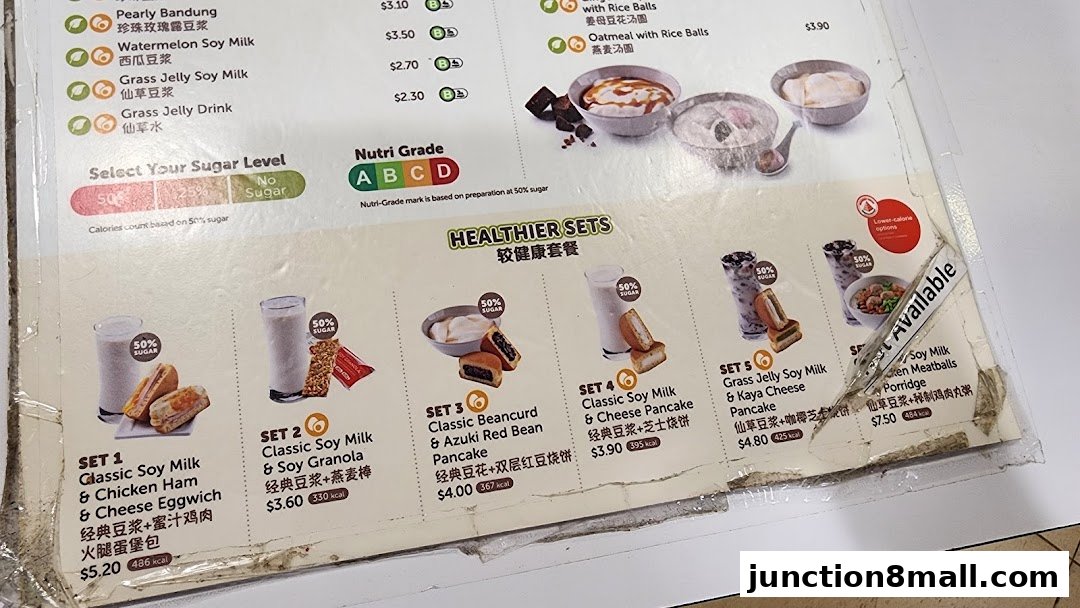 A menu featuring healthier sets with soy milk, pancakes, and egg sandwiches, including sugar level options.