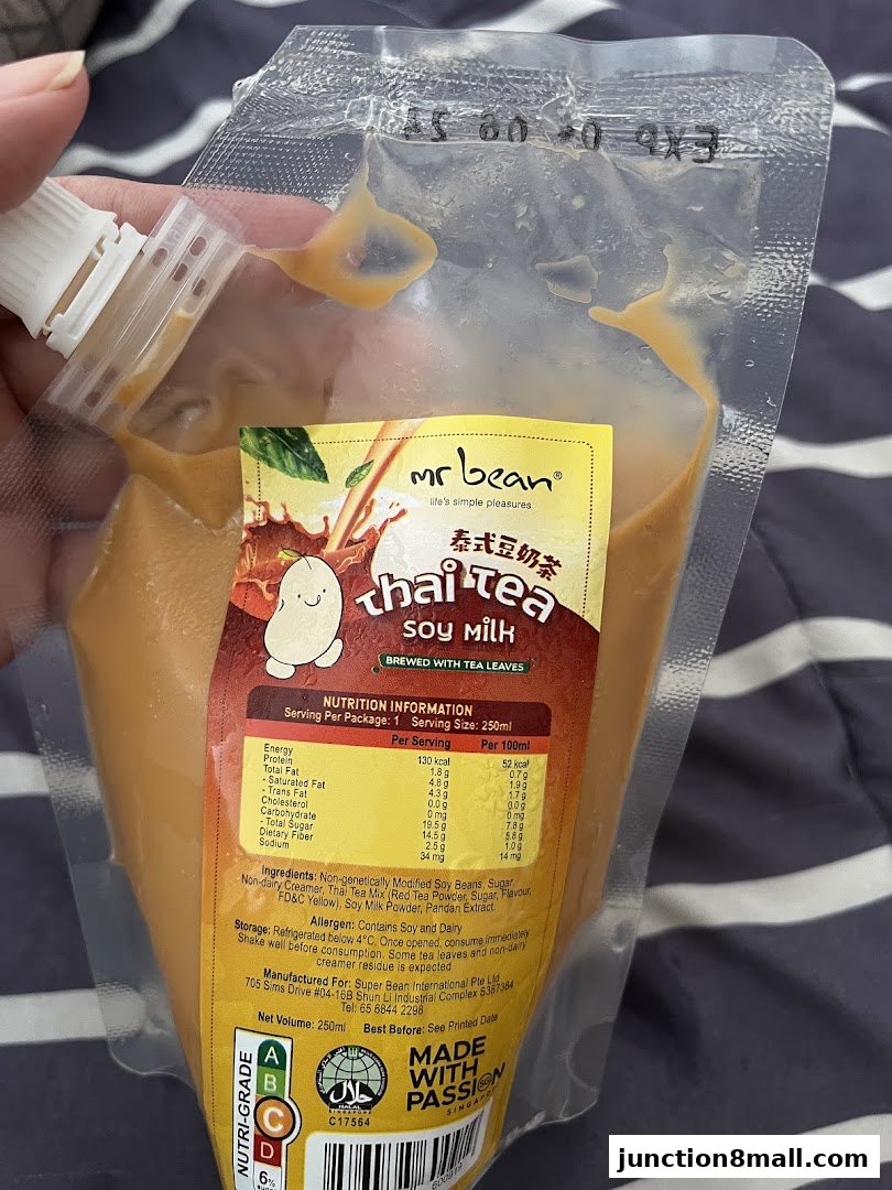 A pouch of Mr Bean Thai Tea Soy Milk with nutrition information and ingredients listed.
