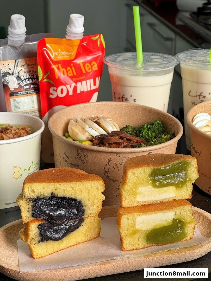 A selection of Mr Bean's soy milk drinks and sweet treats, including filled pancakes.