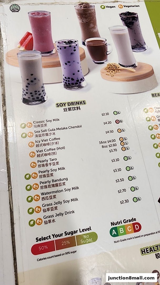 A menu featuring various soy drinks with prices and nutritional grades.