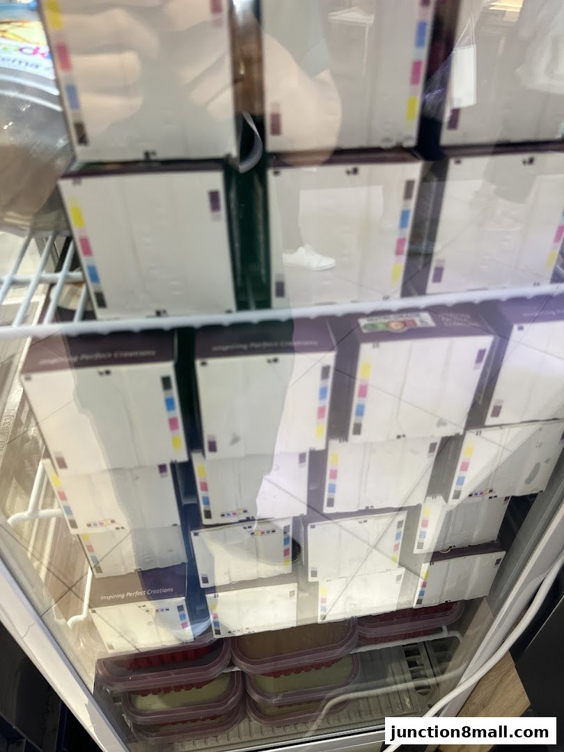A display of packaged desserts in a refrigerated case, with reflections of people.