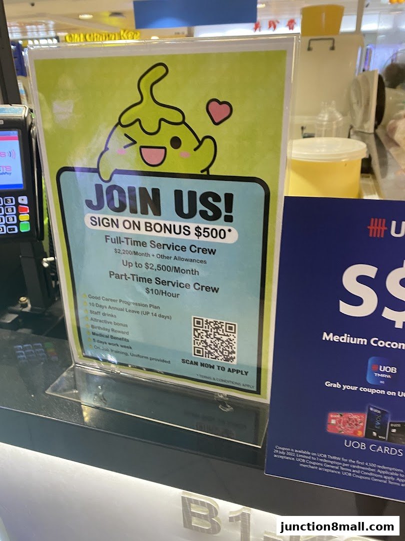 A recruitment poster for Mr. Coconut Junction 8 offering sign-on bonuses and benefits.