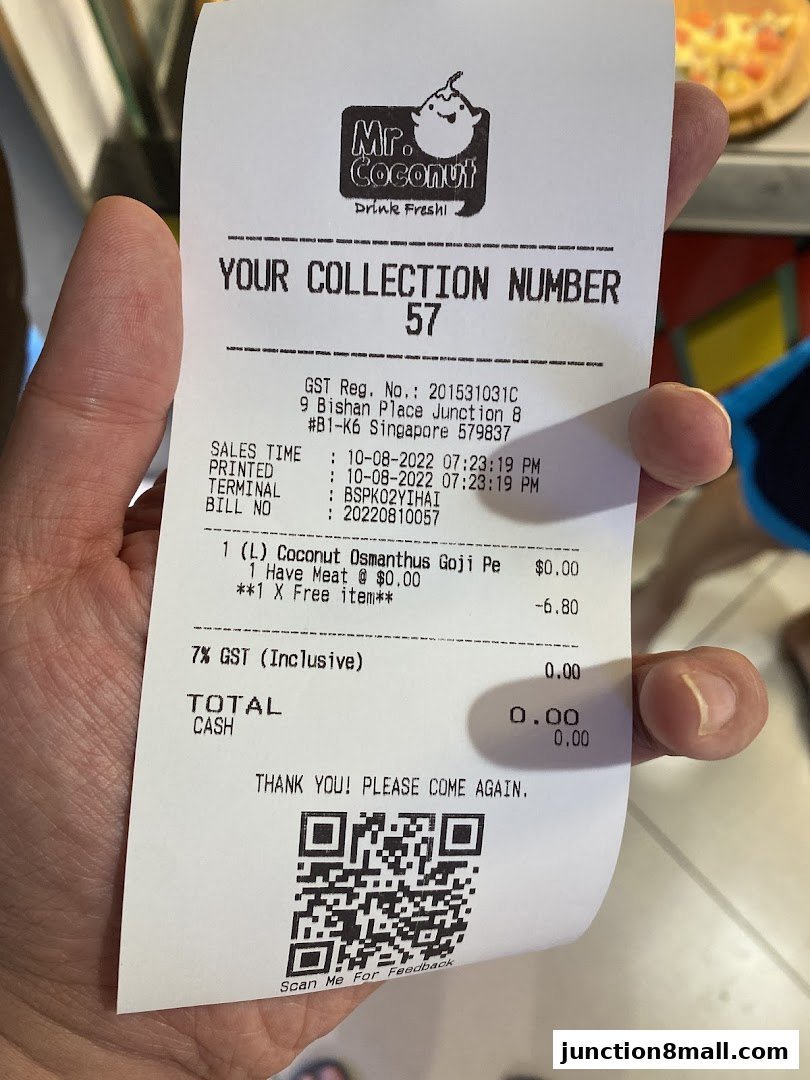 A receipt from Mr. Coconut showing a collection number and purchased items.