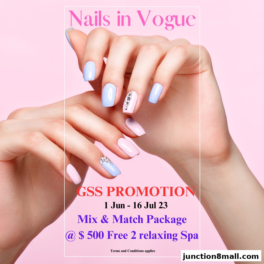 A promotional image for Nails in Vogue showcasing a GSS promotion with beautifully manicured hands.