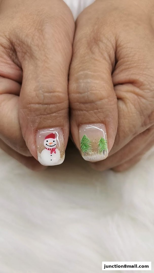 Close-up of nails with festive snowman and winter forest nail art.