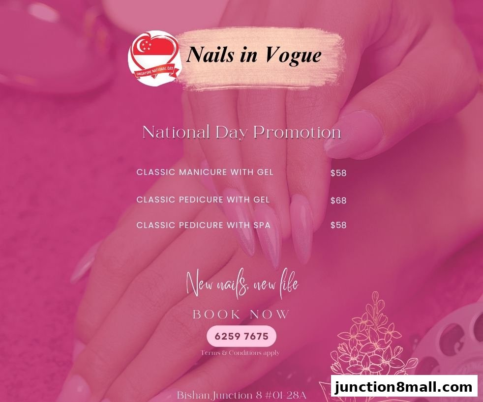 A promotional flyer for Nails in Vogue featuring National Day specials and contact information.