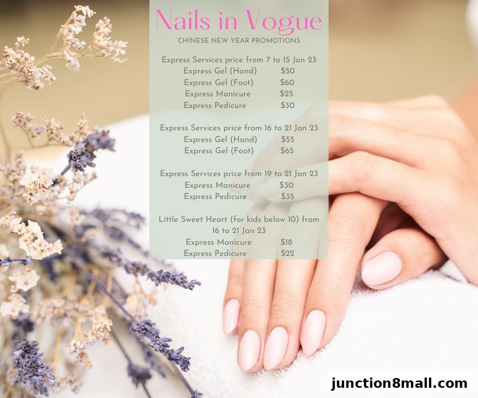 A promotional menu for Nails in Vogue featuring Chinese New Year specials on nail services.
