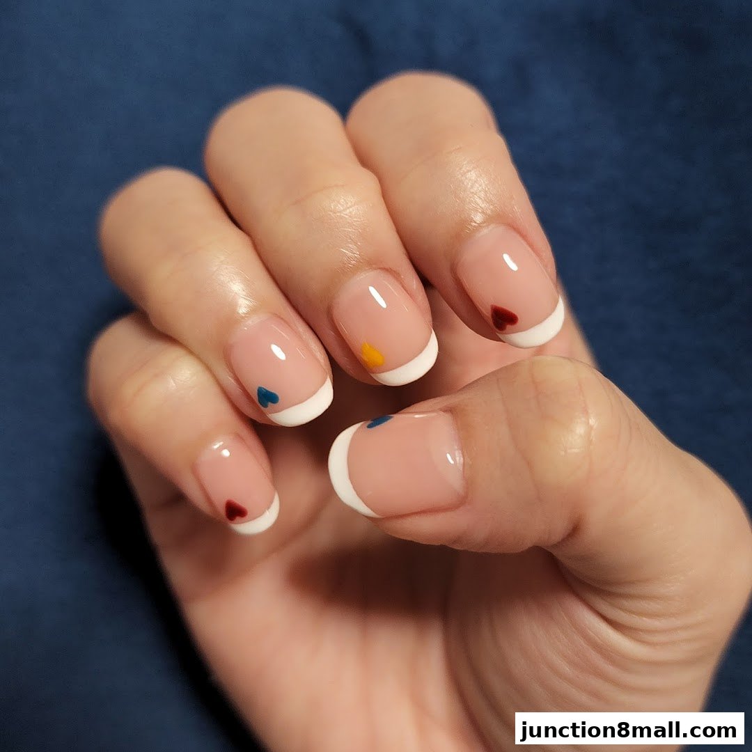 Close-up of a hand with French manicured nails adorned with small colorful hearts.