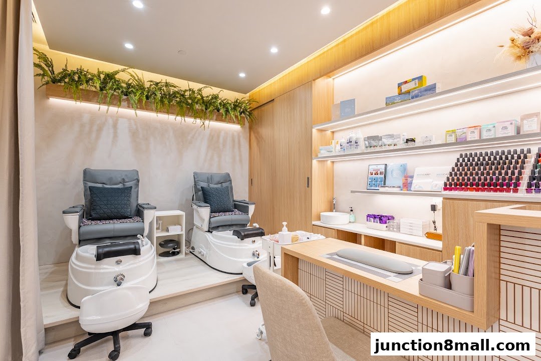Interior of a modern nail salon with pedicure chairs, nail polish display, and a treatment counter.