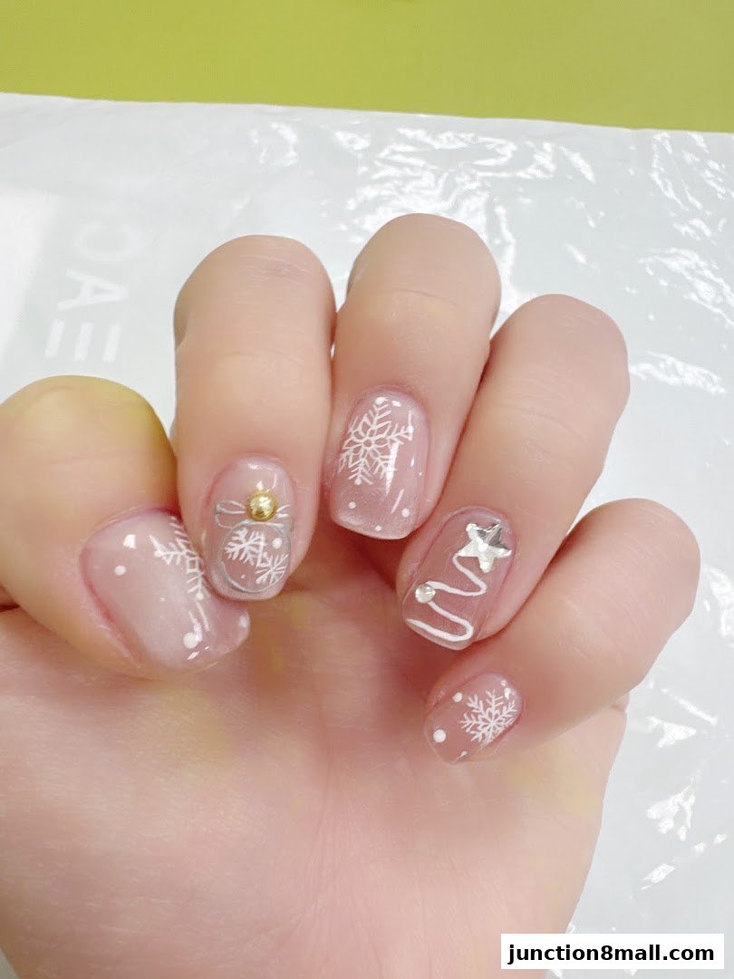 Close-up of a hand with festive winter-themed nail art featuring snowflakes and ornaments.