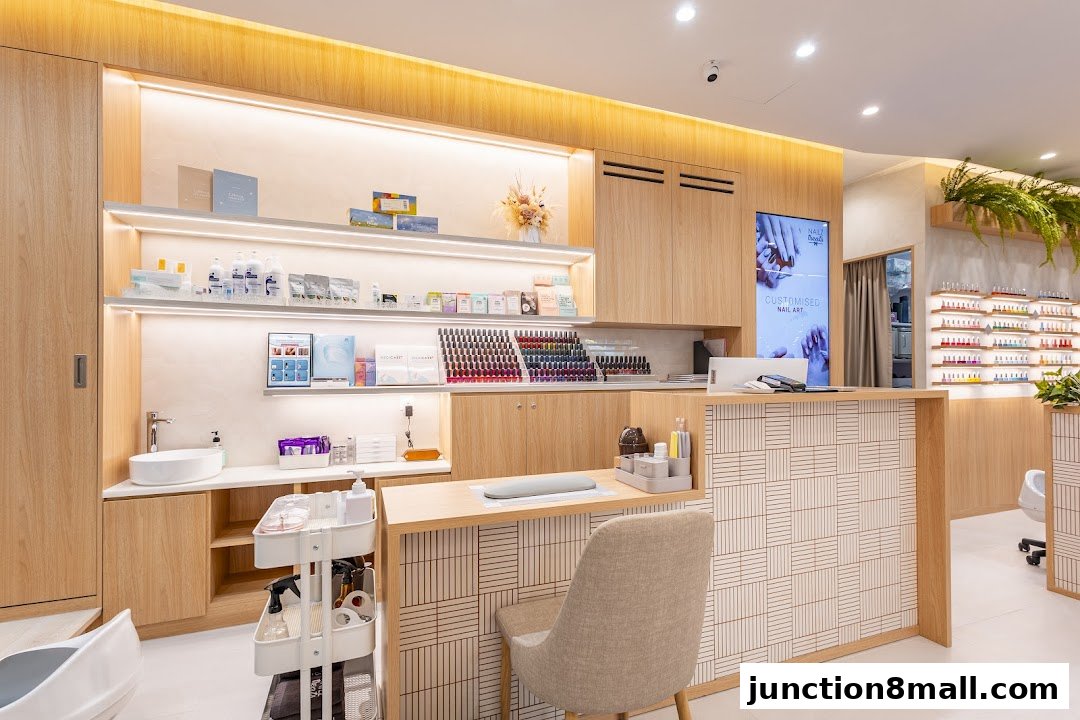 Interior of a modern nail salon with a reception desk, nail polish display, and treatment area.