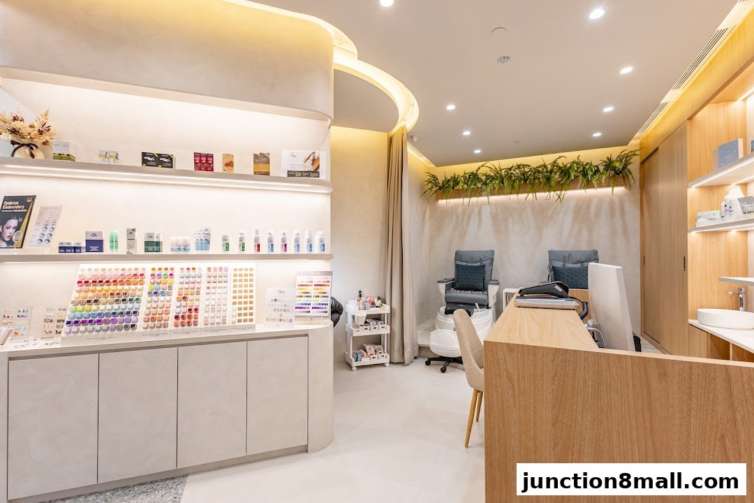 Interior of a modern nail salon with product displays, pedicure chairs, and a reception desk.