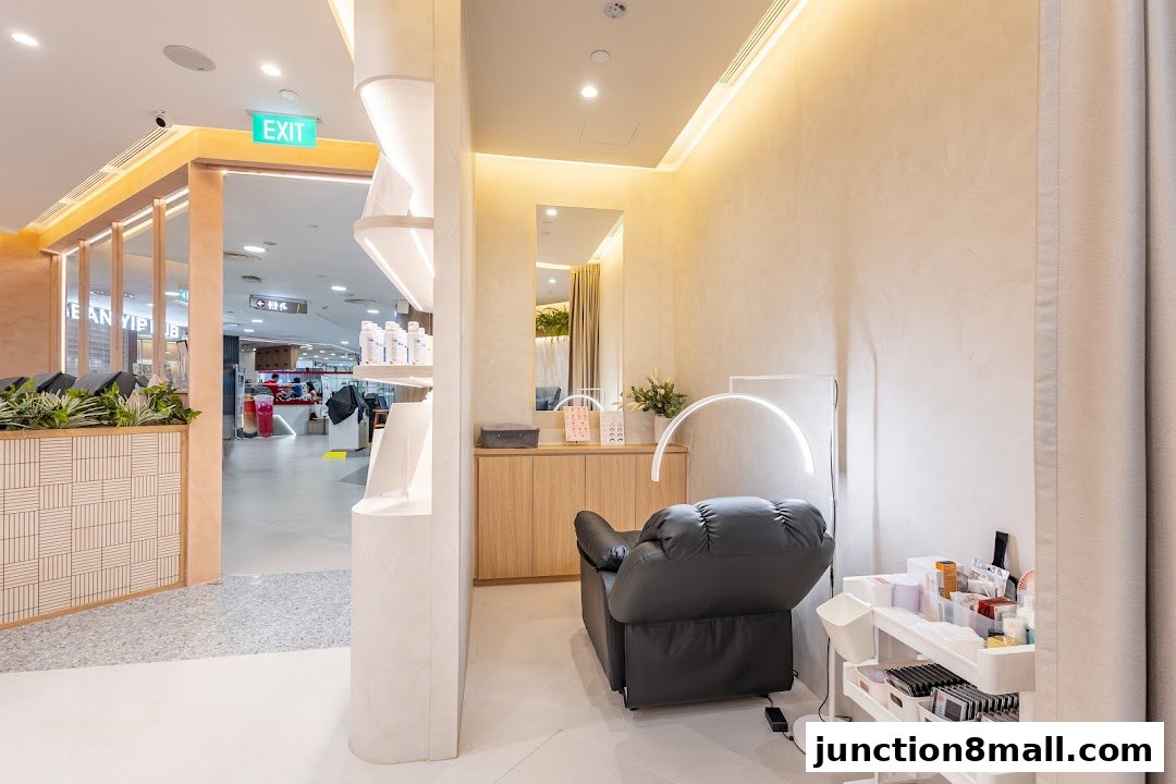 Interior of a modern nail and beauty salon with a recliner chair and beauty products.