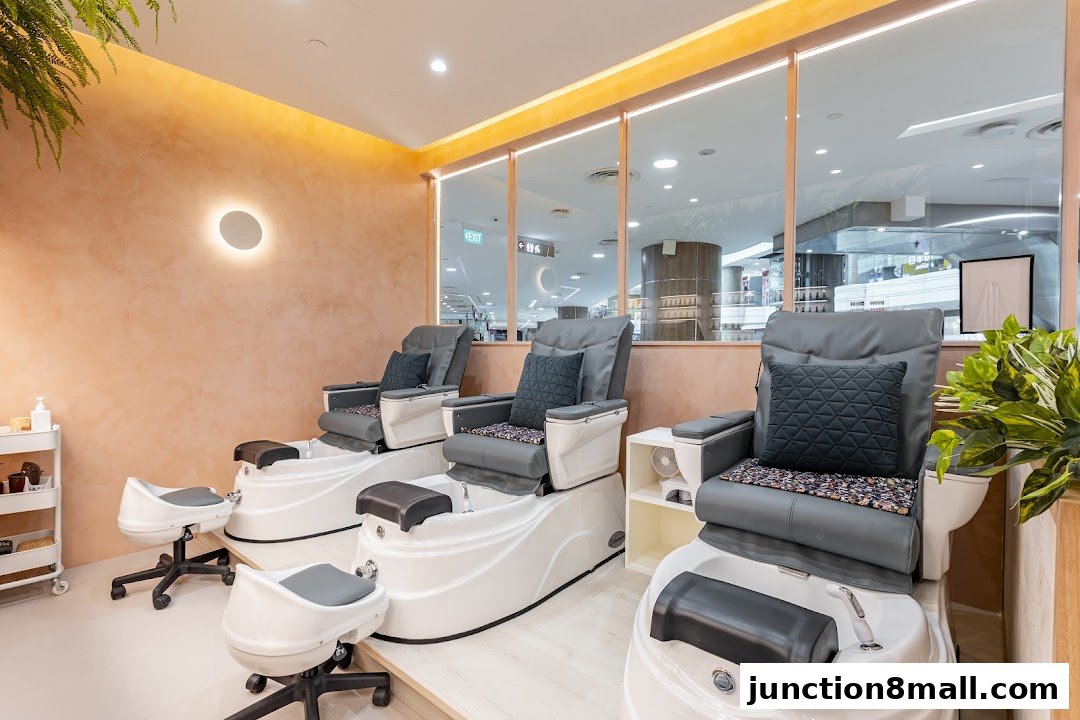 Interior shot of a nail salon with comfortable pedicure chairs and foot baths.