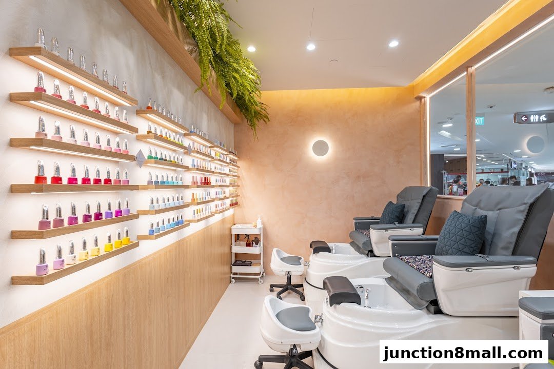 Interior of a nail salon with rows of nail polish bottles and pedicure chairs.