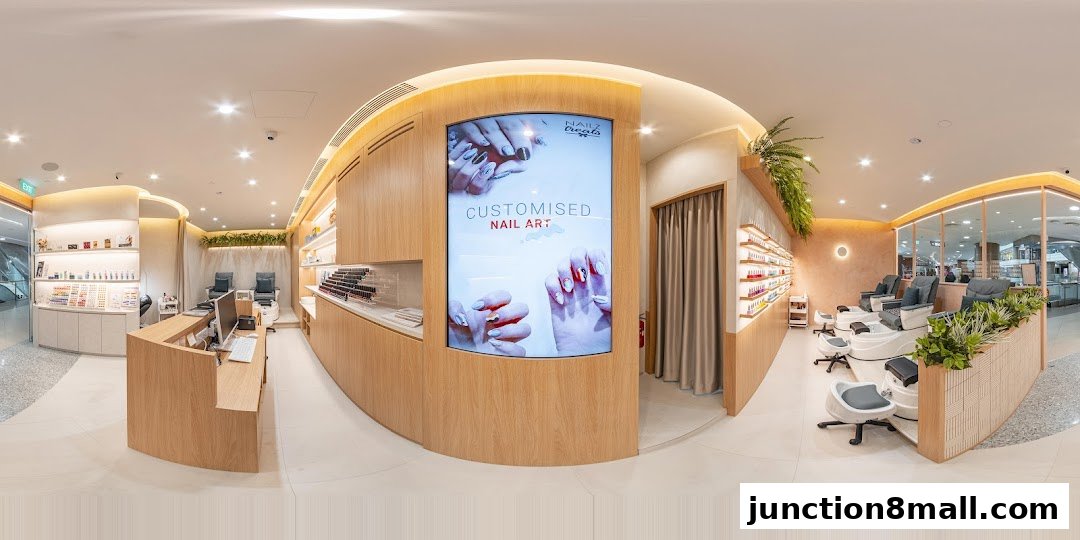 Interior of a modern nail salon with pedicure chairs, nail polish displays, and a reception desk.