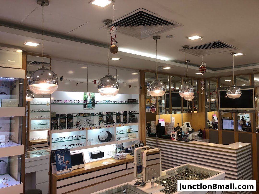 Interior view of an optical shop with displays of eyeglasses and a counter.