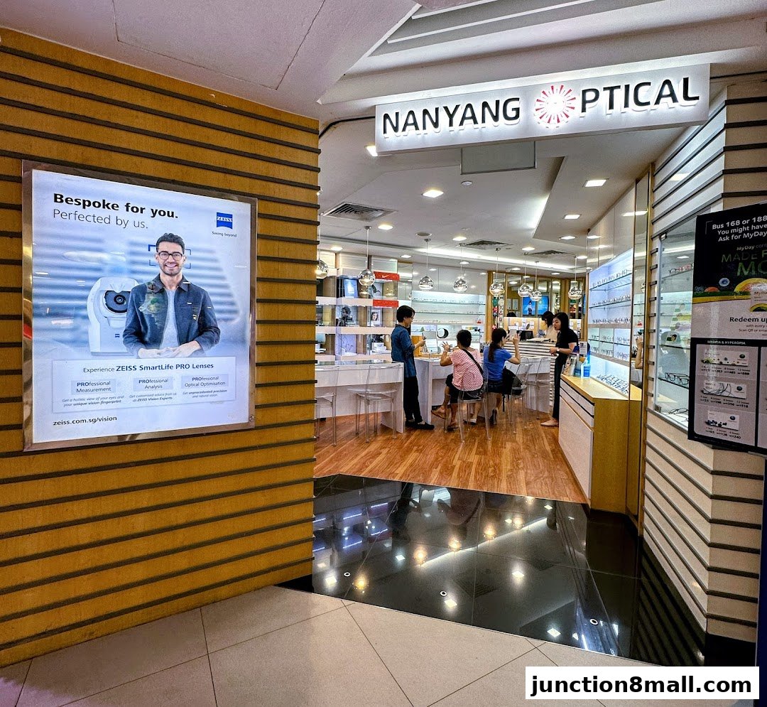 Nanyang Optical shop interior with customers and a large advertisement for ZEISS lenses.