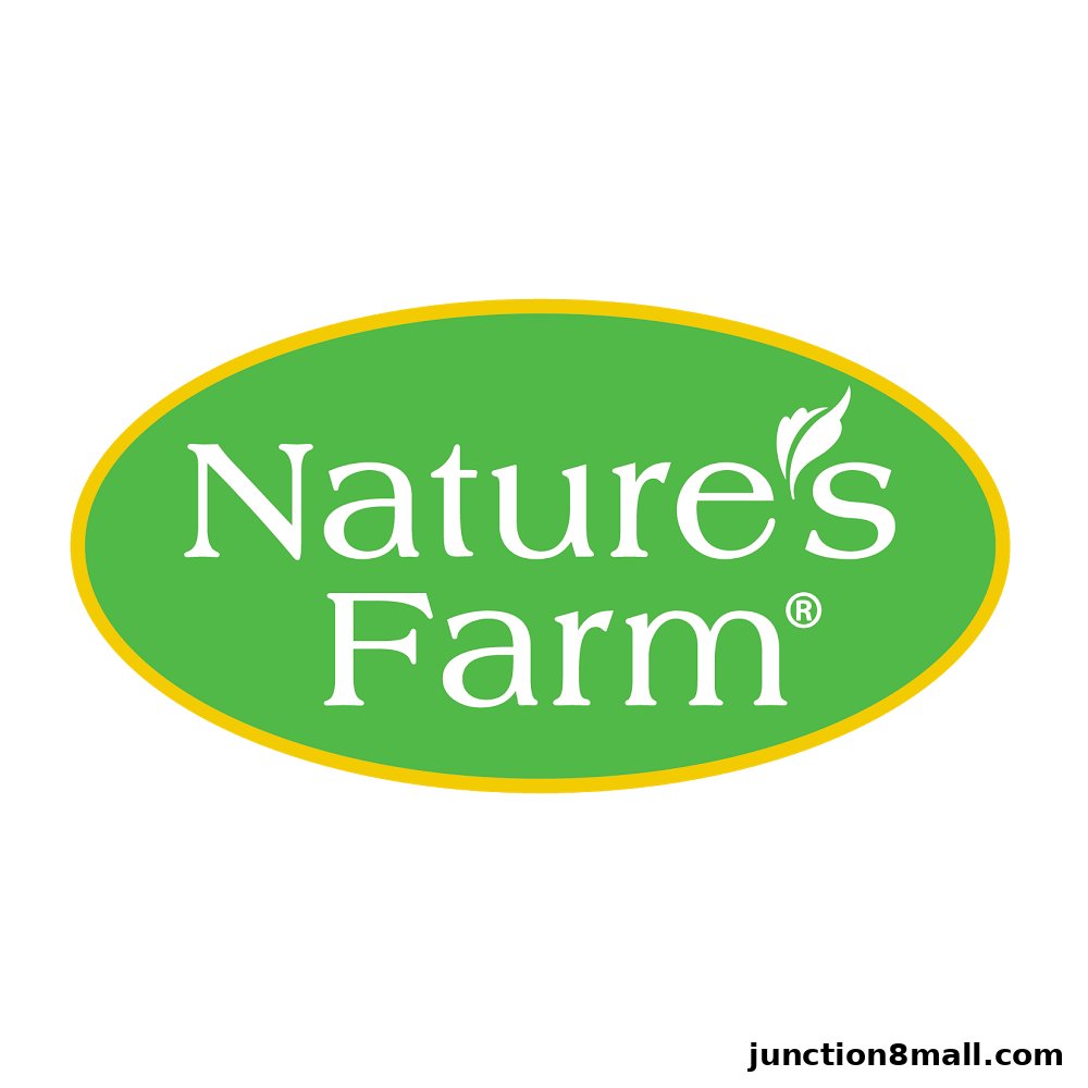 The Nature's Farm logo features white text on a green oval background with a yellow border.
