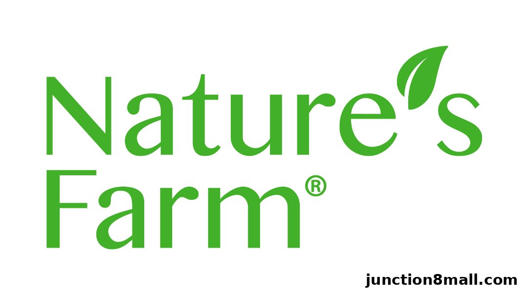 The logo for Nature's Farm, featuring green text and a leaf.