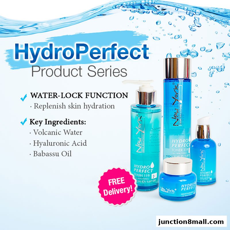 New York Skin Solutions HydroPerfect product series featuring wash, toner, and moisturizer.