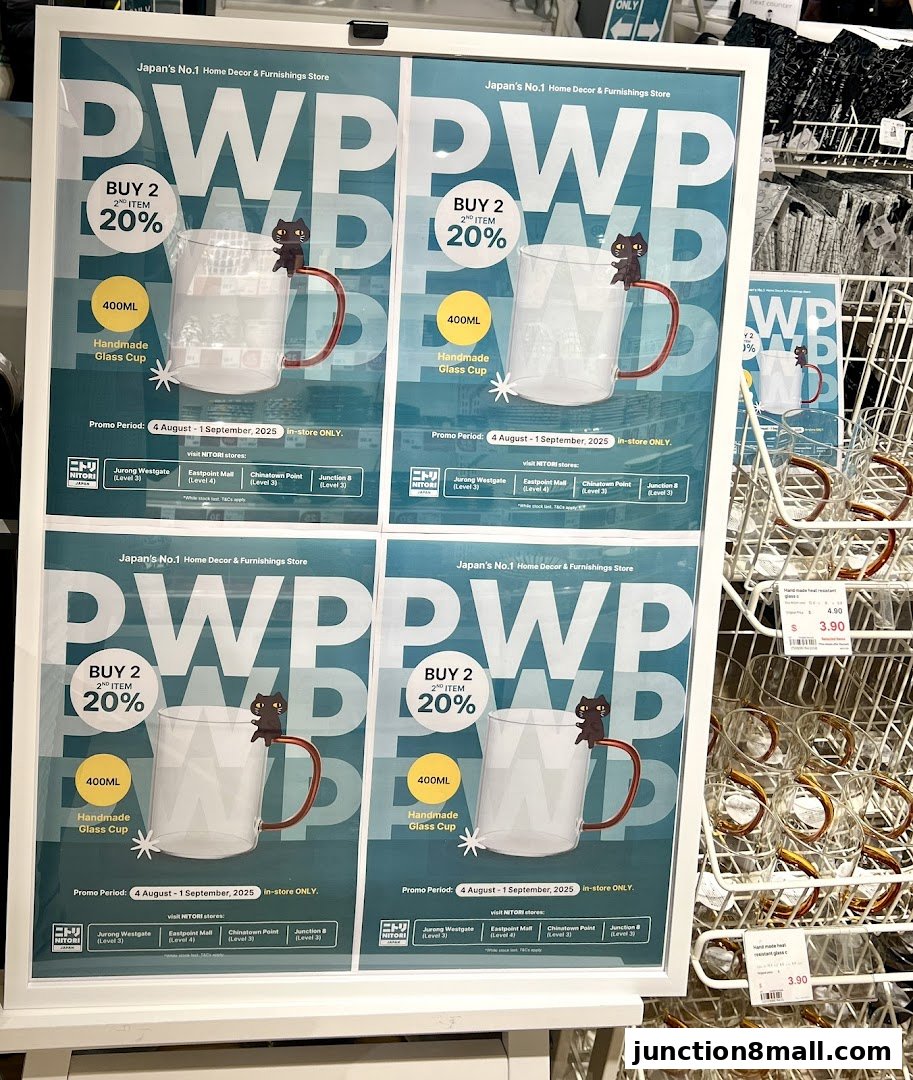 Promotional posters for NITORI's 'Buy 2 Get 20% Off' handmade glass cups.