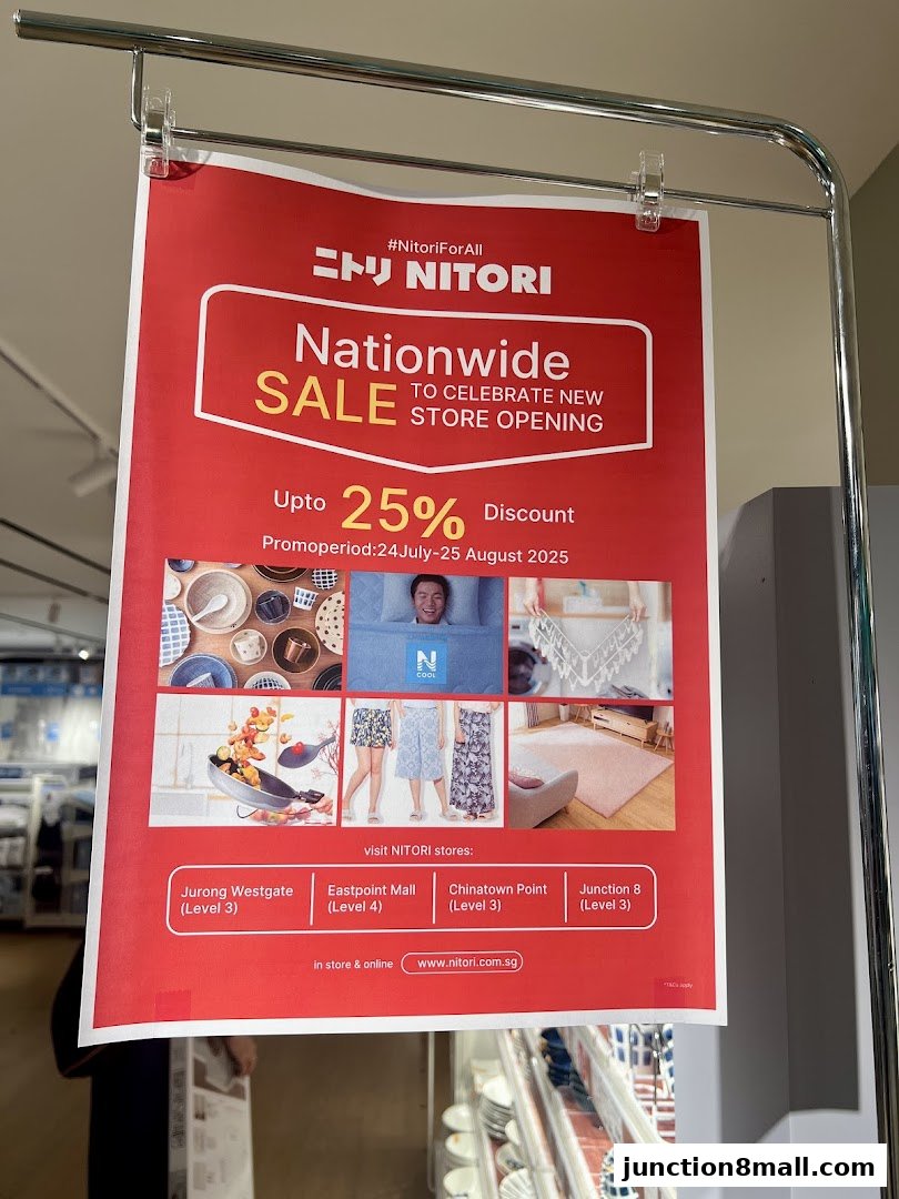 A red promotional poster for Nitori's nationwide sale celebrating a new store opening.
