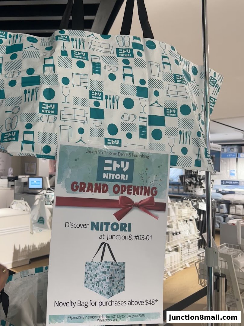 NITORI Junction 8 Grand Opening announcement with a promotional novelty bag.