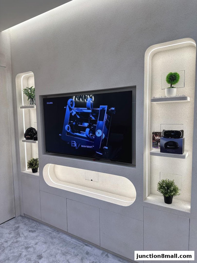 Interior shot of OGAWA Junction 8 showcasing a modern display with a TV and illuminated shelves.