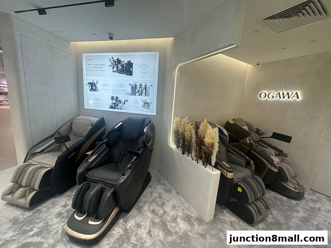 OGAWA massage chairs displayed in a modern, well-lit retail space with informational posters.