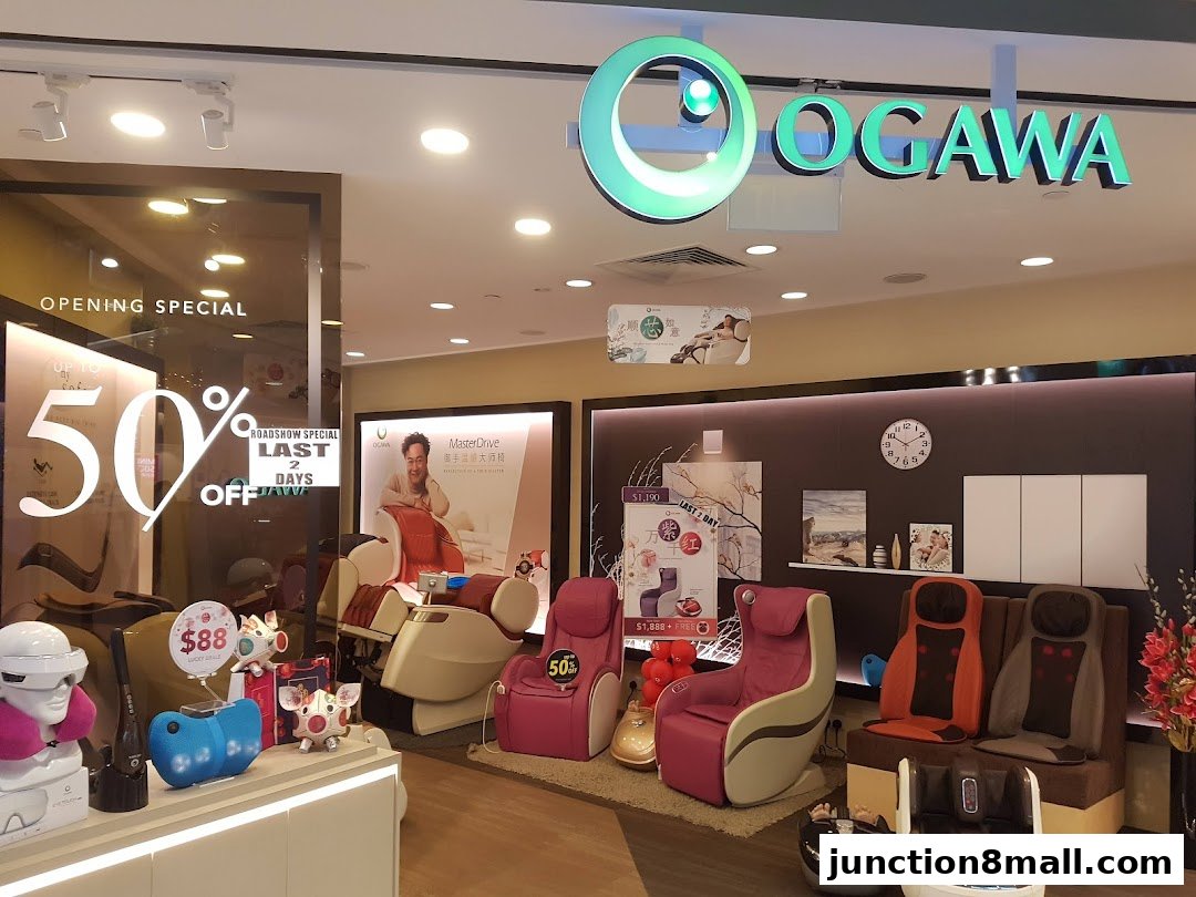 OGAWA shop interior showcasing massage chairs and special offers.