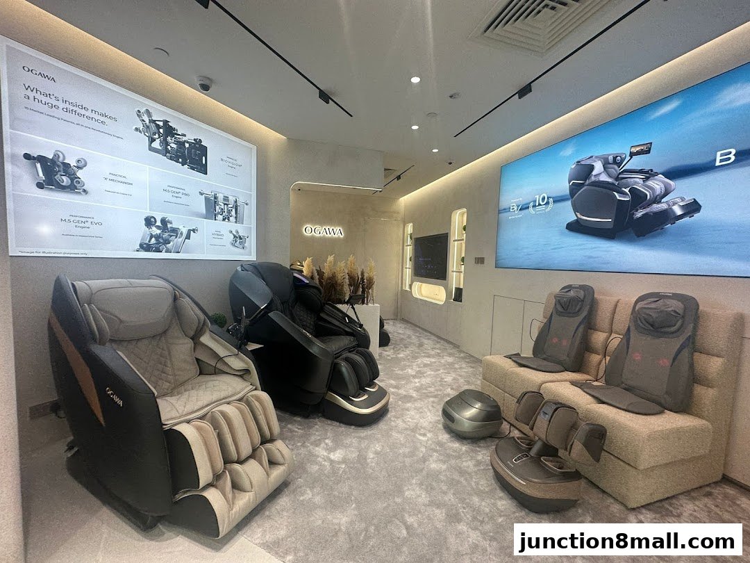 Interior of an OGAWA store showcasing various massage chairs and foot massagers.