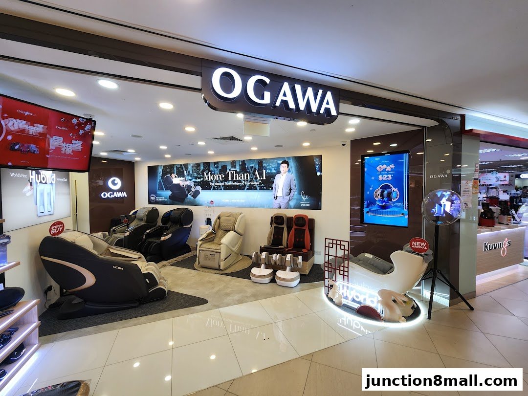 OGAWA shop interior showcasing various massage chairs and promotional displays.