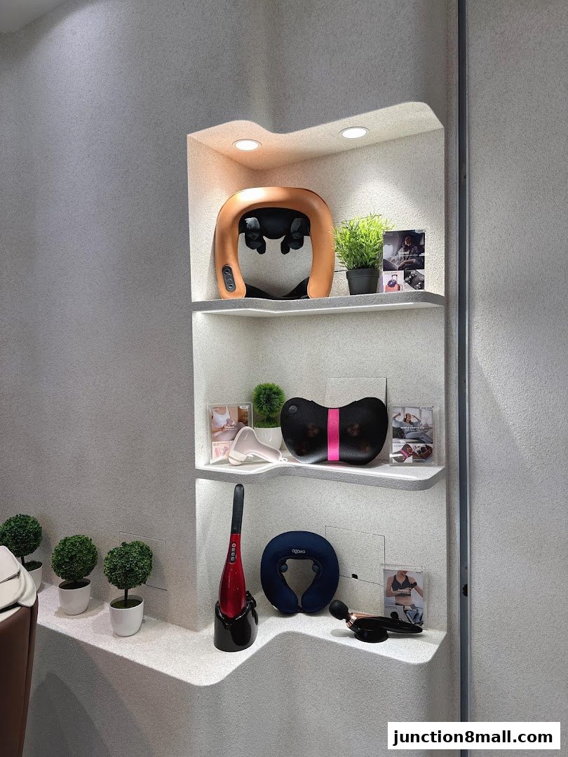 OGAWA shop display featuring various massage and wellness products, including neck massagers and handheld devices.