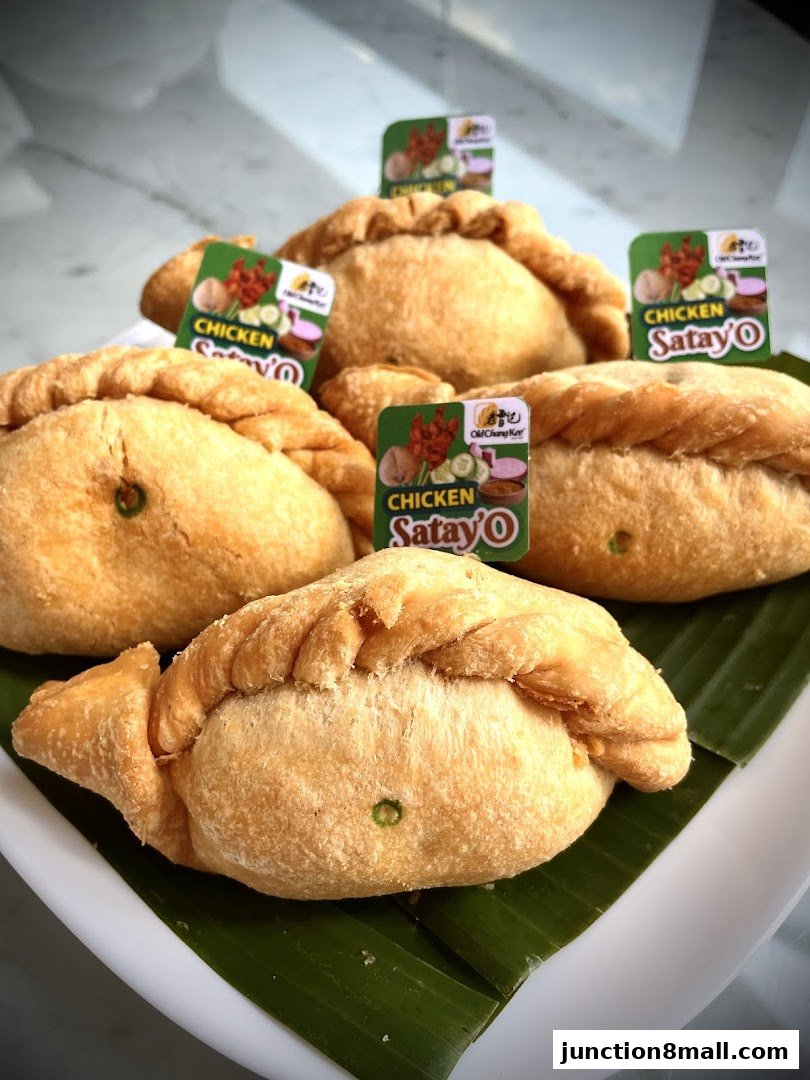 A plate of golden-brown curry puffs, labeled 'Chicken Satay' from Old Chang Kee.