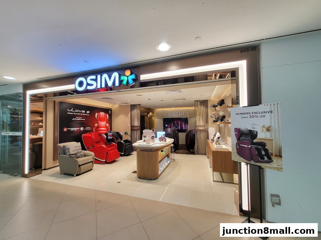 The OSIM store showcases various massage chairs and wellness products, with a promotional sign outside.