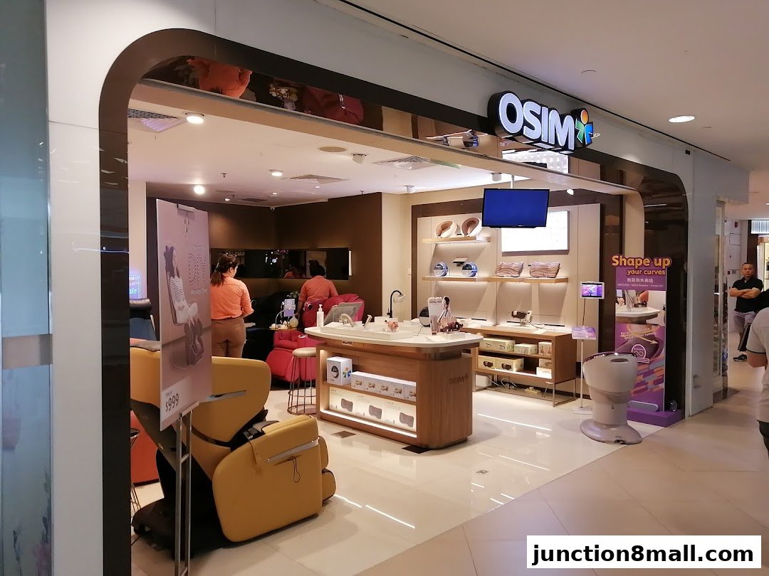 The OSIM shop front displays massage chairs and wellness products, with staff attending to customers.