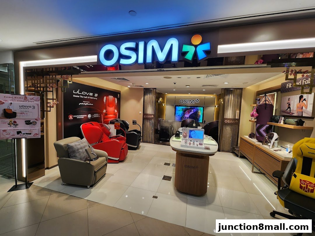 The OSIM shop front displays massage chairs and wellness products, with prominent branding.