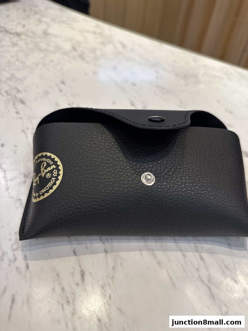 A black textured case with a snap closure and a Ray-Ban logo.