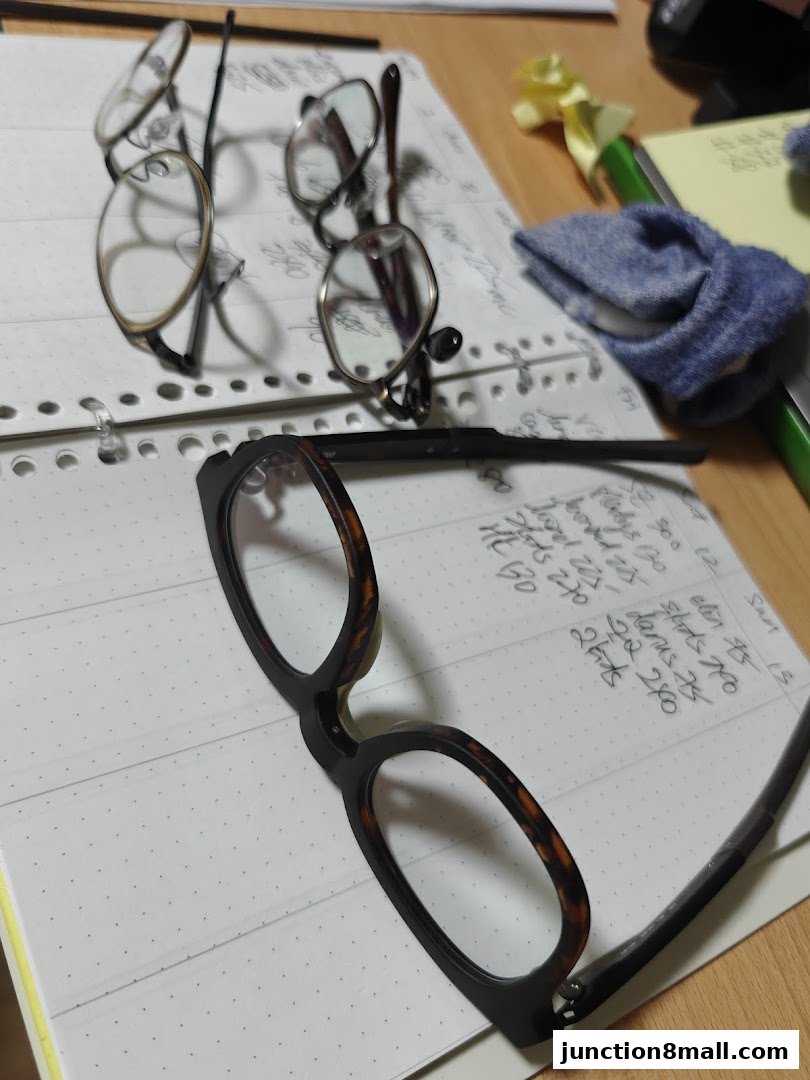 Several pairs of eyeglasses are laid out on a notebook with handwritten notes and prices.