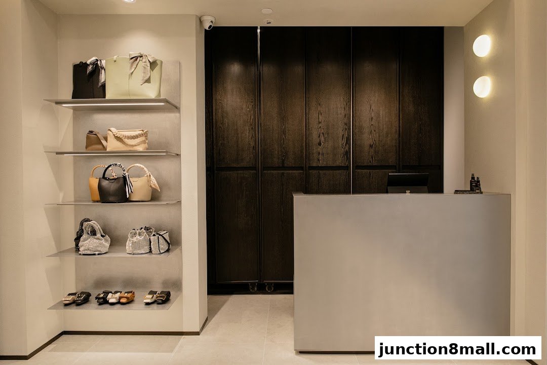 Interior view of a stylish boutique showcasing handbags and shoes on shelves with a modern reception desk.