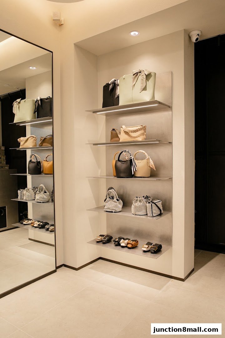 A well-lit retail store interior showcasing a variety of handbags and shoes on display shelves.