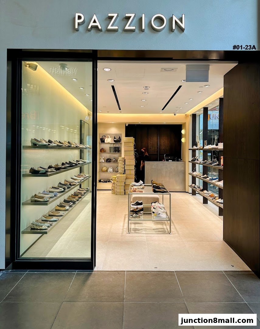 The entrance of PAZZION Junction 8 shoe store, showcasing a wide selection of footwear.