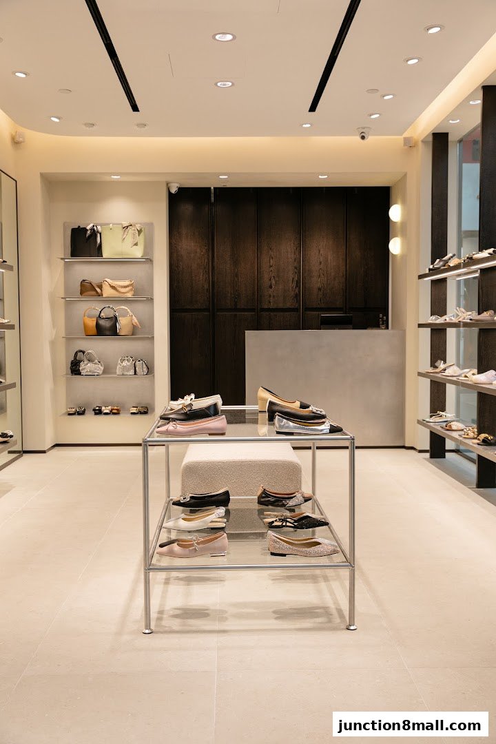 Interior of a shoe store showcasing various flats and handbags on display shelves and a central rack.