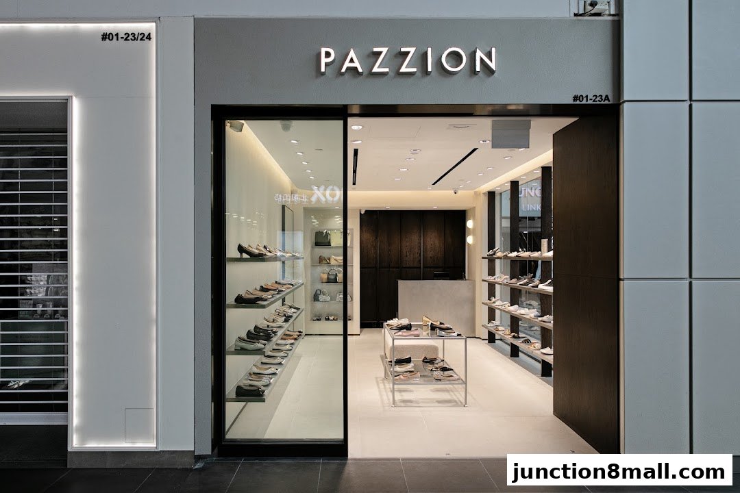 The PAZZION shoe store features a modern interior with shelves displaying various women's shoes.